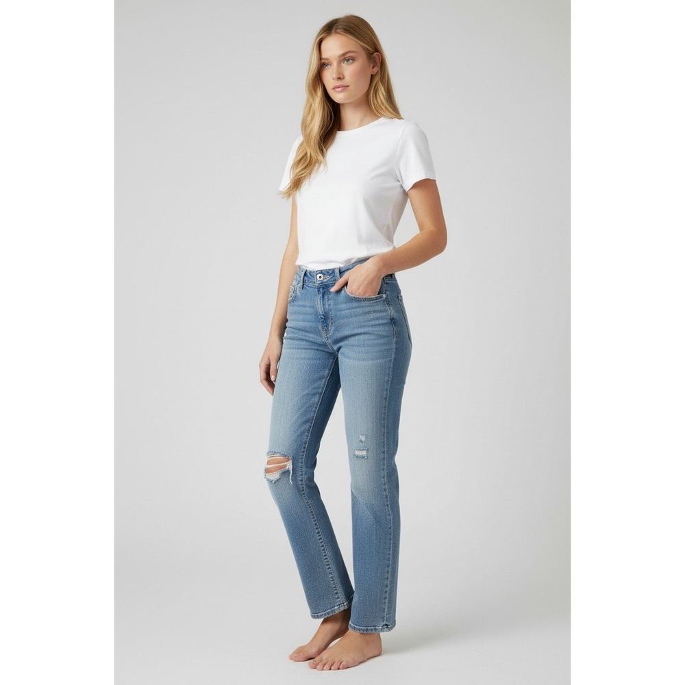 Hudson Los Angeles Women 8 Blue Distressed Straight Leg Flap Pocket Jeans